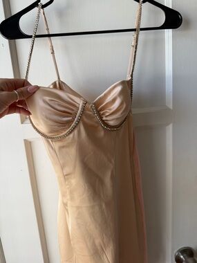 Oh Polly Nude Beige Satin Slip Dress with Rhinestone Trim